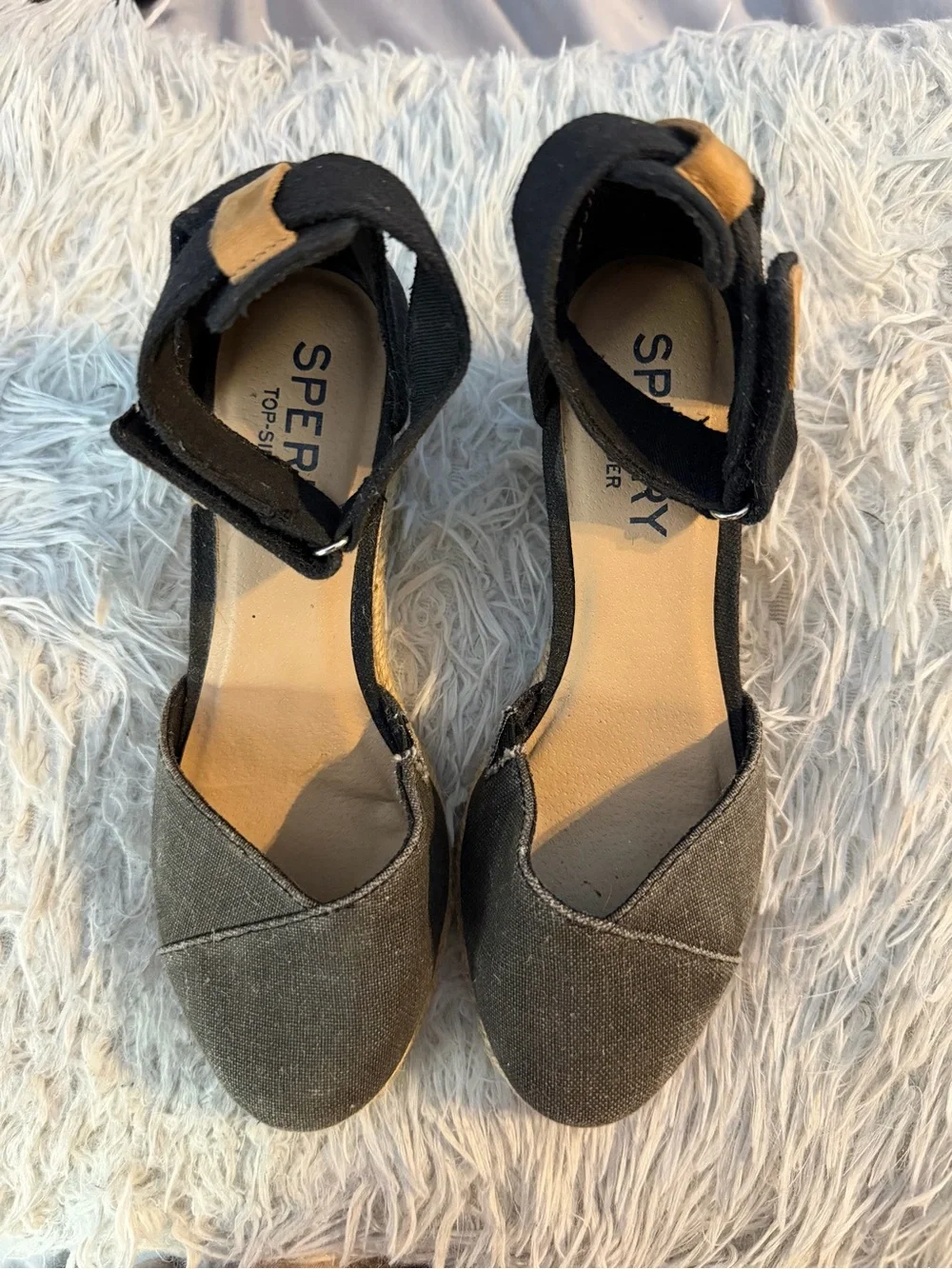 Sperry Black Canvas Espadrille Wedge Sandals with Ankle Strap